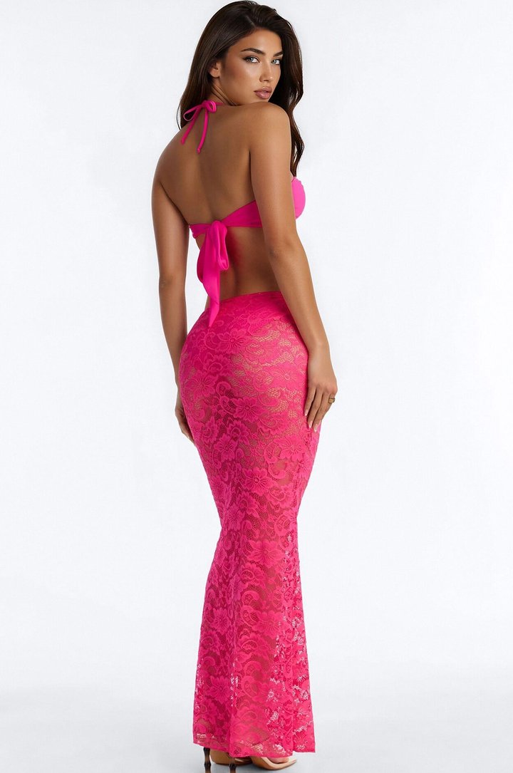 Naia 3 Piece Bandeau Bikini & Swim Cover Up Lace Maxi Skirt Sunsuit - Fuchsia