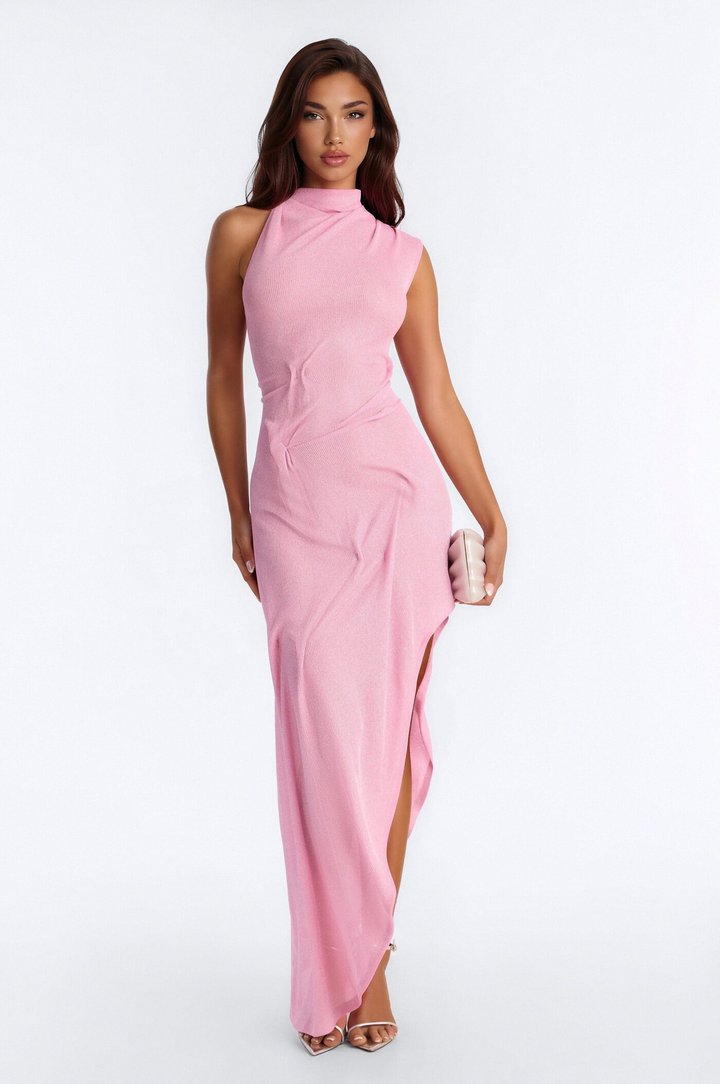 Bad Decisions Ruched Metallic Maxi Dress - Pink