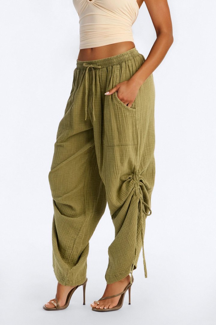 Kayla Mid Rise Washed Gauze Wide Leg Pant - Olive