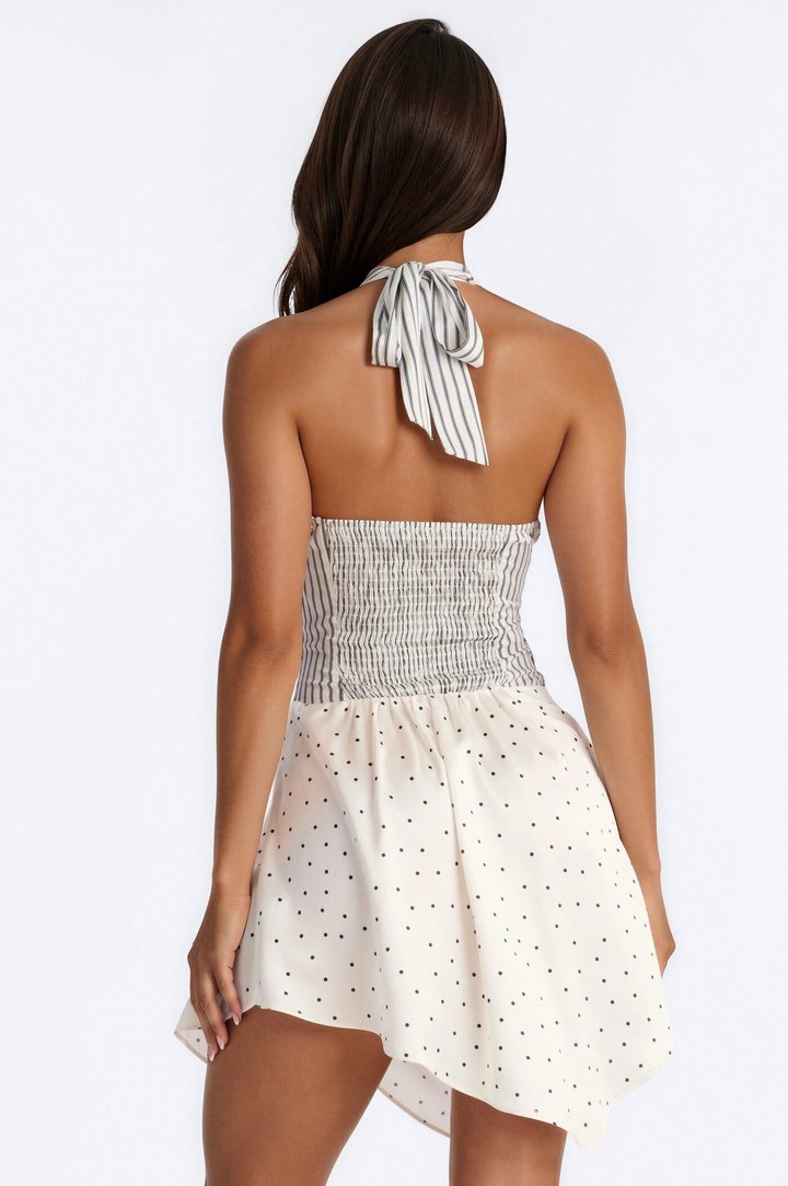 Pen Halter Satin Mini Dress - White/Black