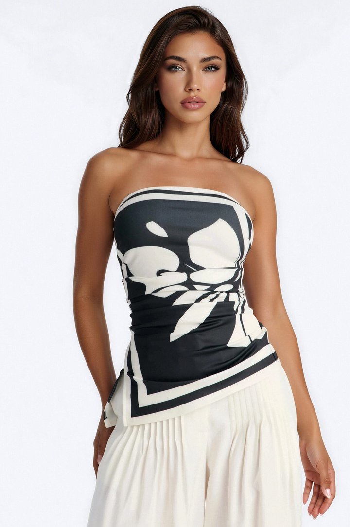 Gianna Floral Asymmetrical Tube Top - Black