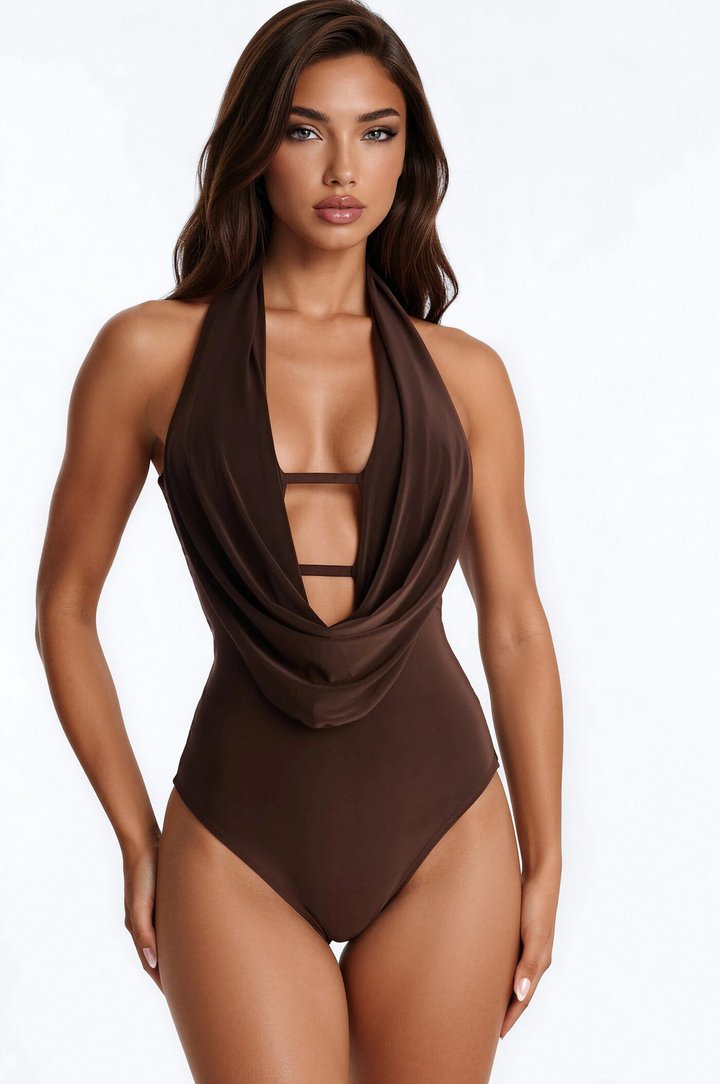Forever Hot Cowl Neck Halter Bodysuit - Brown