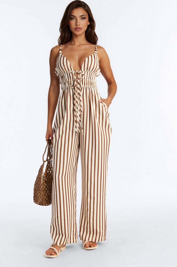 Short Taya Beaded Wide Leg Jumpsuit - Brown