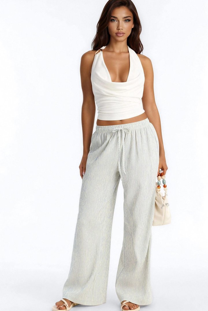 Lexley Mid Rise Textured Wide Leg Pant 30″ - Blue/combo