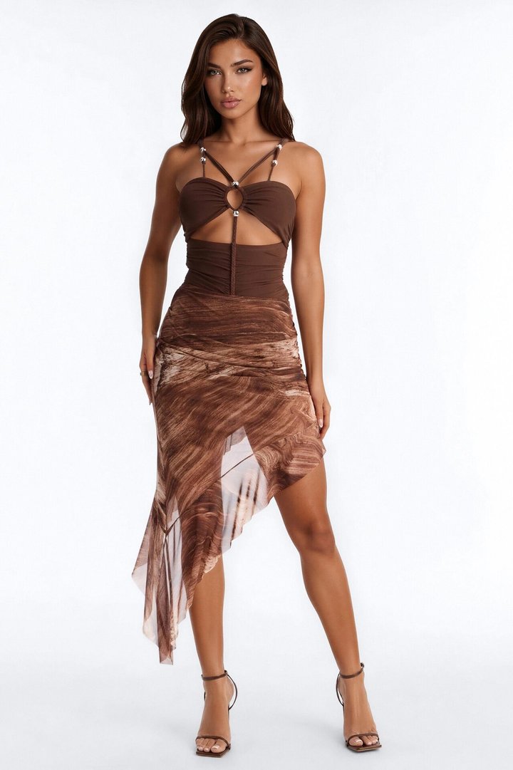 Barbados Beaded Strappy Mesh Bodysuit - Brown
