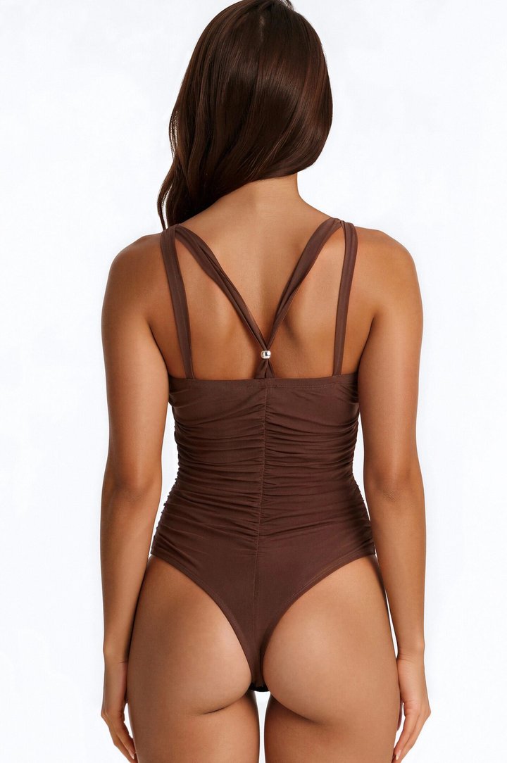Barbados Beaded Strappy Mesh Bodysuit - Brown