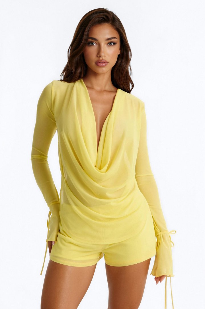 Ysabel Cowl Neck Mesh Short Set - Yellow
