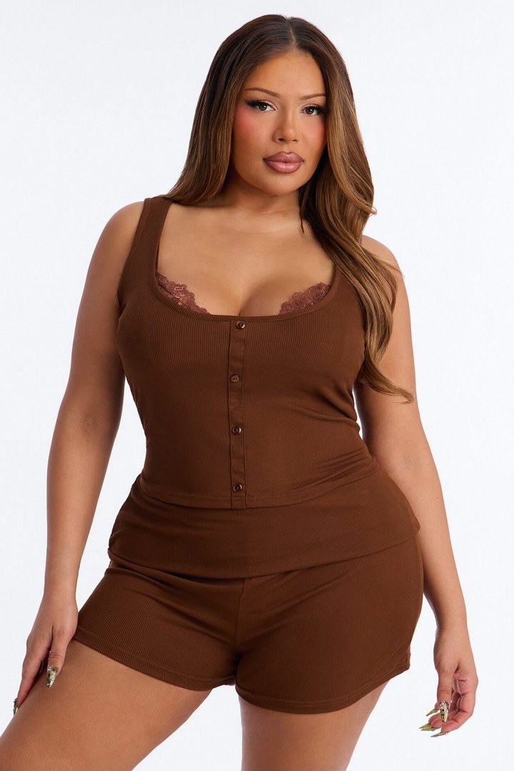 Be With Me Ribbed PJ Short Set - Chocolate