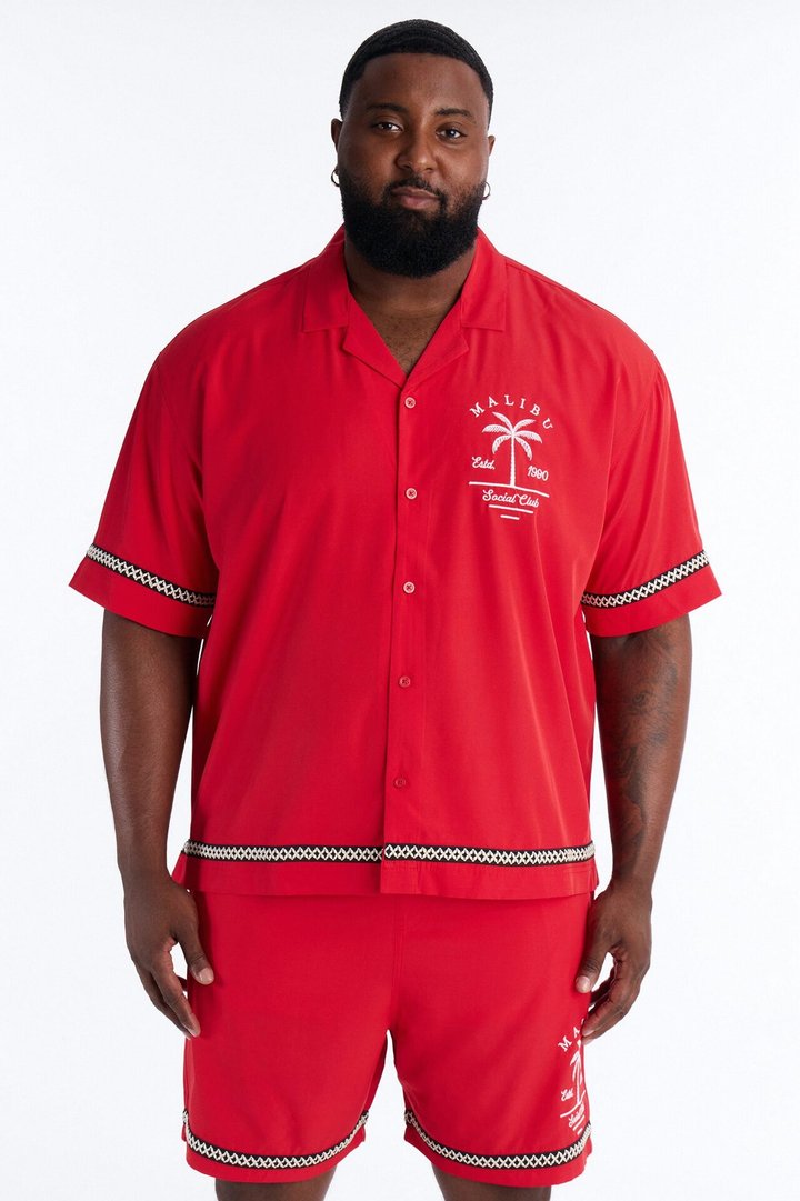 Relaxed Malibu Social Club Cuban Collar Button Up Shirt - Red