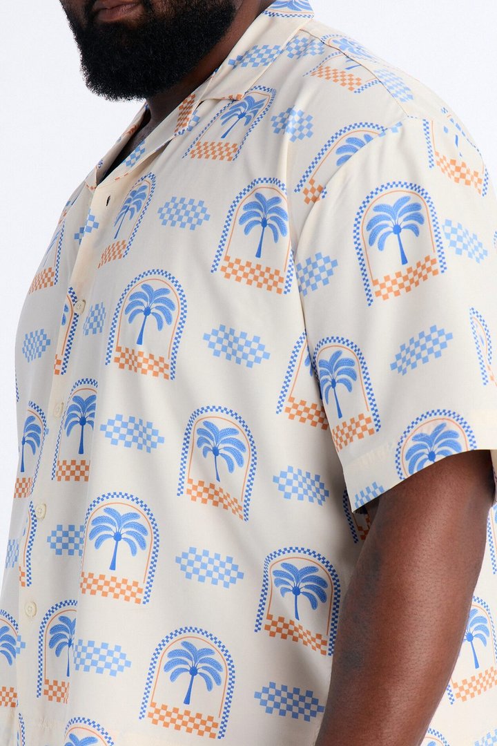 Coastal Palm Grid Cuban Collar Button Up Shirt - White/Blue