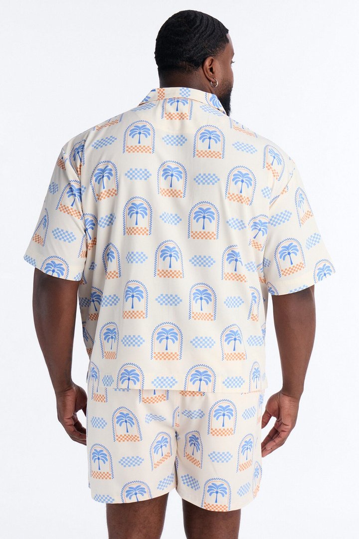 Coastal Palm Grid Cuban Collar Button Up Shirt - White/Blue