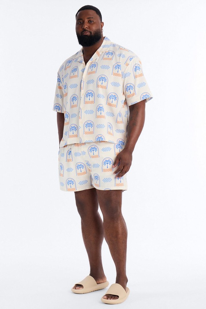 Coastal Palm Grid Swim Trunk 4″ - White/Blue