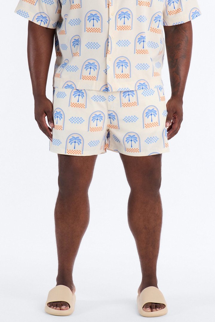 Coastal Palm Grid Swim Trunk 4″ - White/Blue
