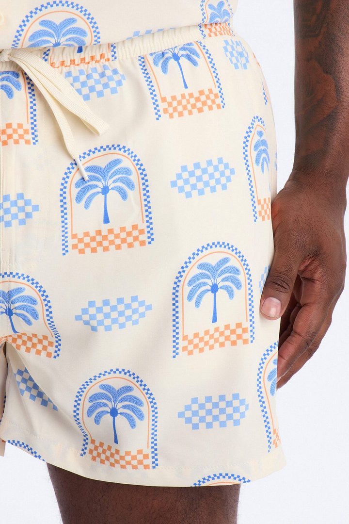 Coastal Palm Grid Swim Trunk 4″ - White/Blue