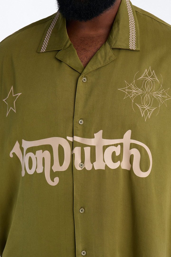 Von Dutch Embroidery Patch Cropped Short Sleeve Button Up Shirt - Green