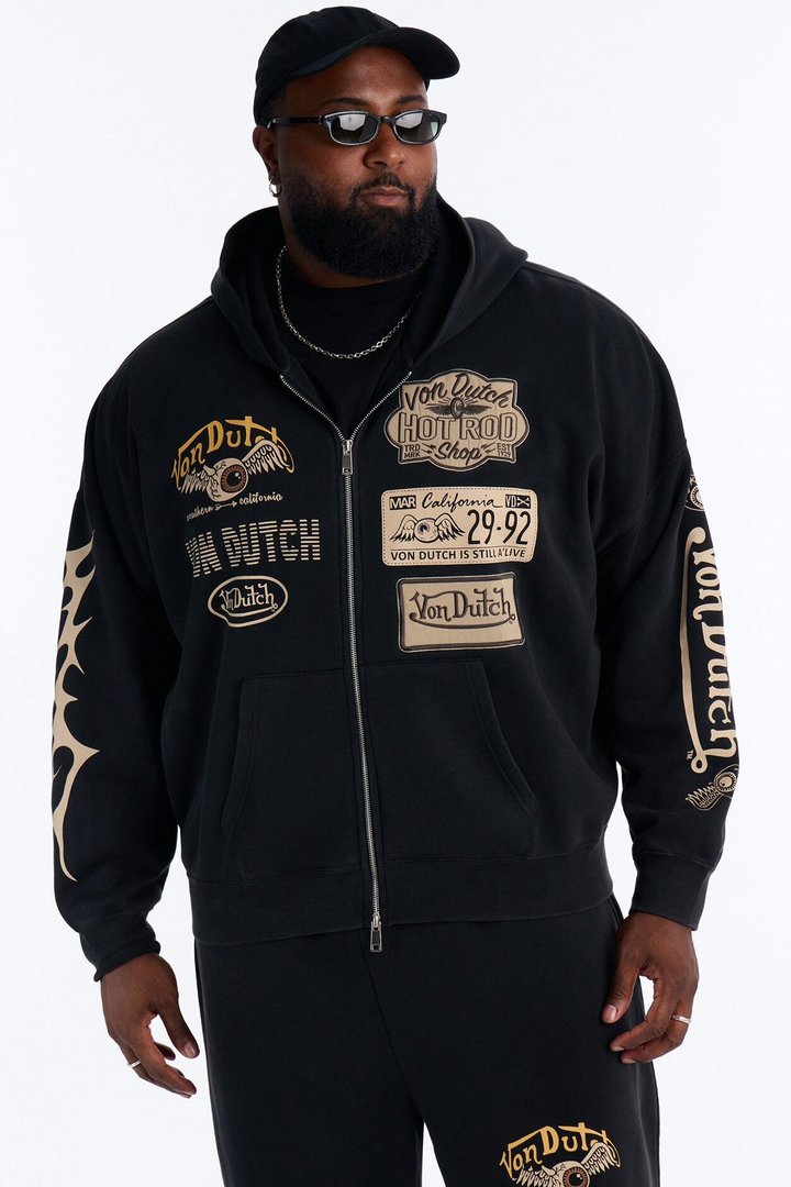 Von Dutch Embroidery Patches Oversized Zip Hoodie - Black Wash
