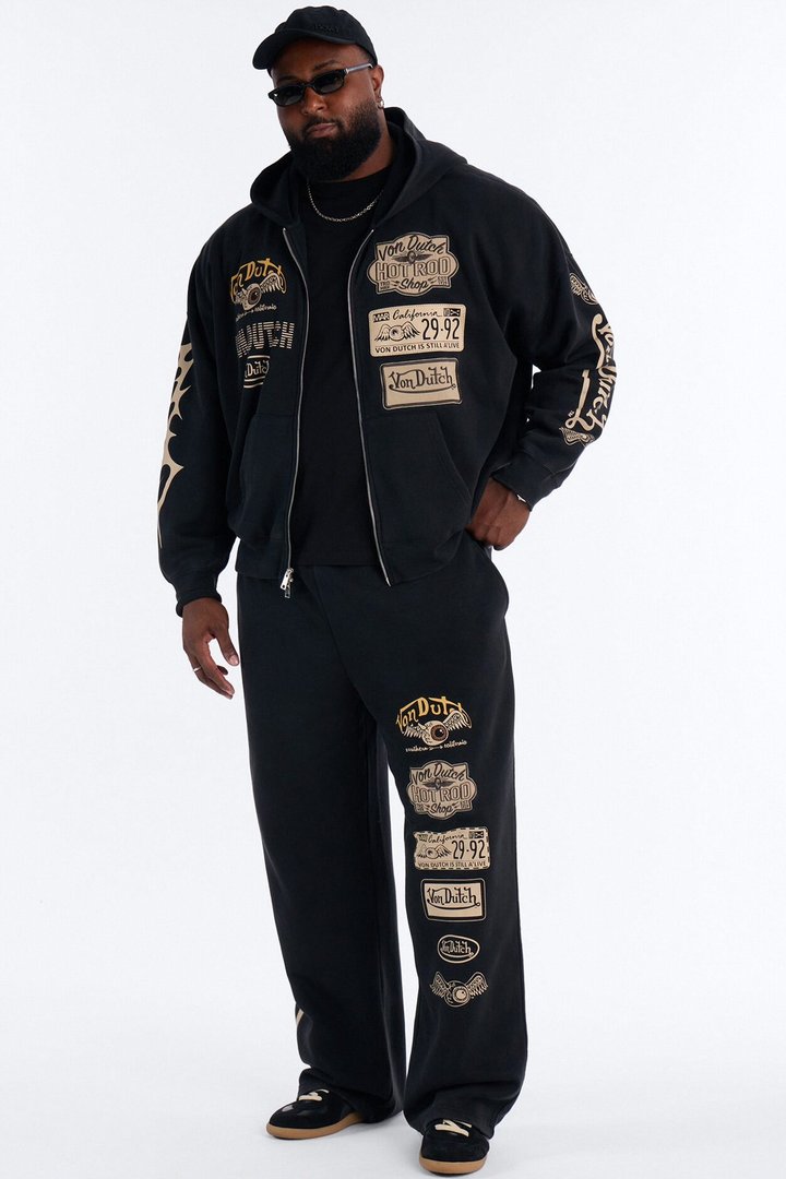 Von Dutch Embroidery Patches Oversized Zip Hoodie - Black Wash