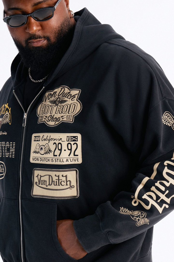 Von Dutch Embroidery Patches Oversized Zip Hoodie - Black Wash