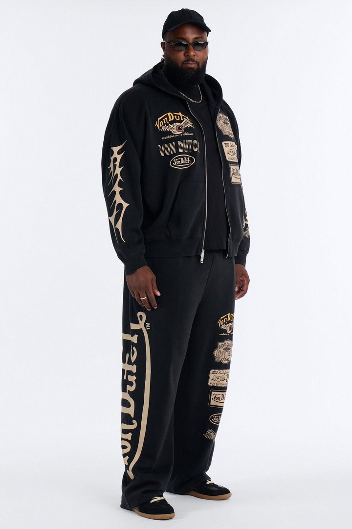 Von Dutch Embroidery Patches Wide Leg Sweatpant - Black Wash