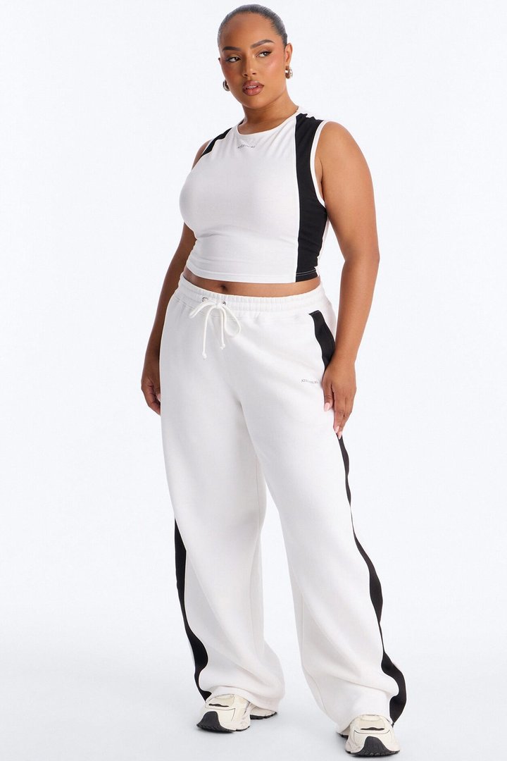 Athleisure Day Fleece Barrel Leg Pant Set - White/Black