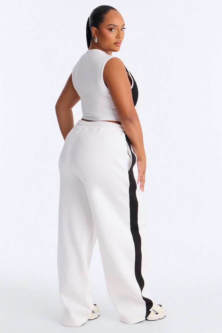 Athleisure Day Fleece Barrel Leg Pant Set - White/Black