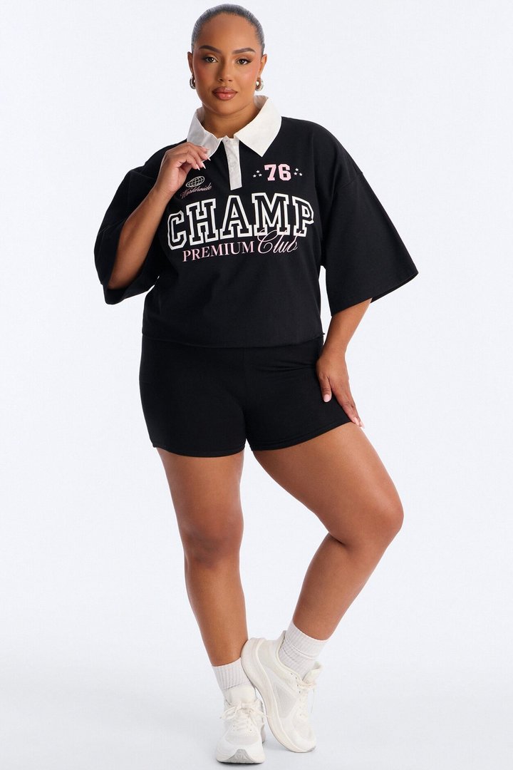 Champs Oversized Cropped Polo - Black