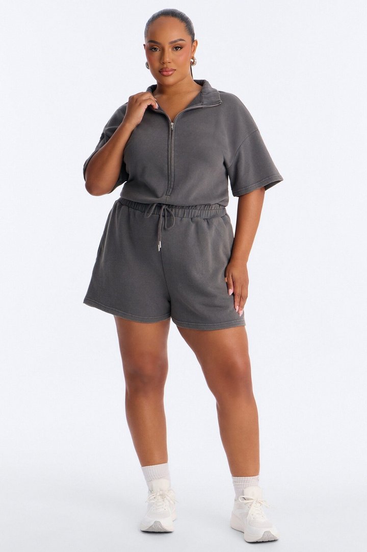Busy Schedule Washed French Terry Romper - Charcoal