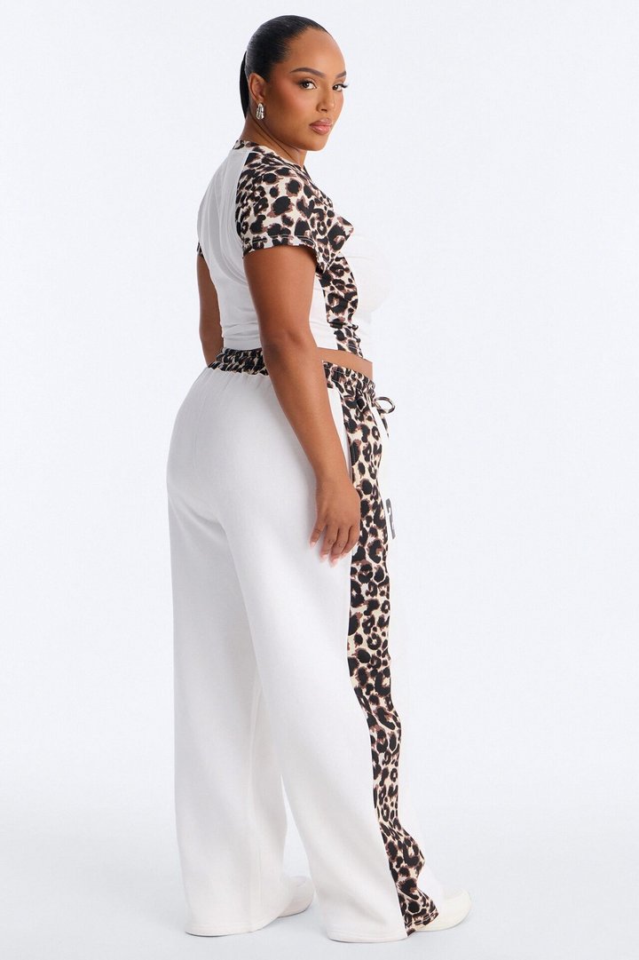Piper Leopard Wide Leg Fleece Lounge Set - White/combo