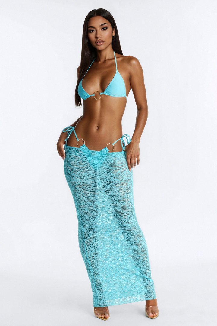 Nicolette 3 Piece O-Ring Bikini & Cover Up Lace Maxi Skirt Sunsuit - Blue