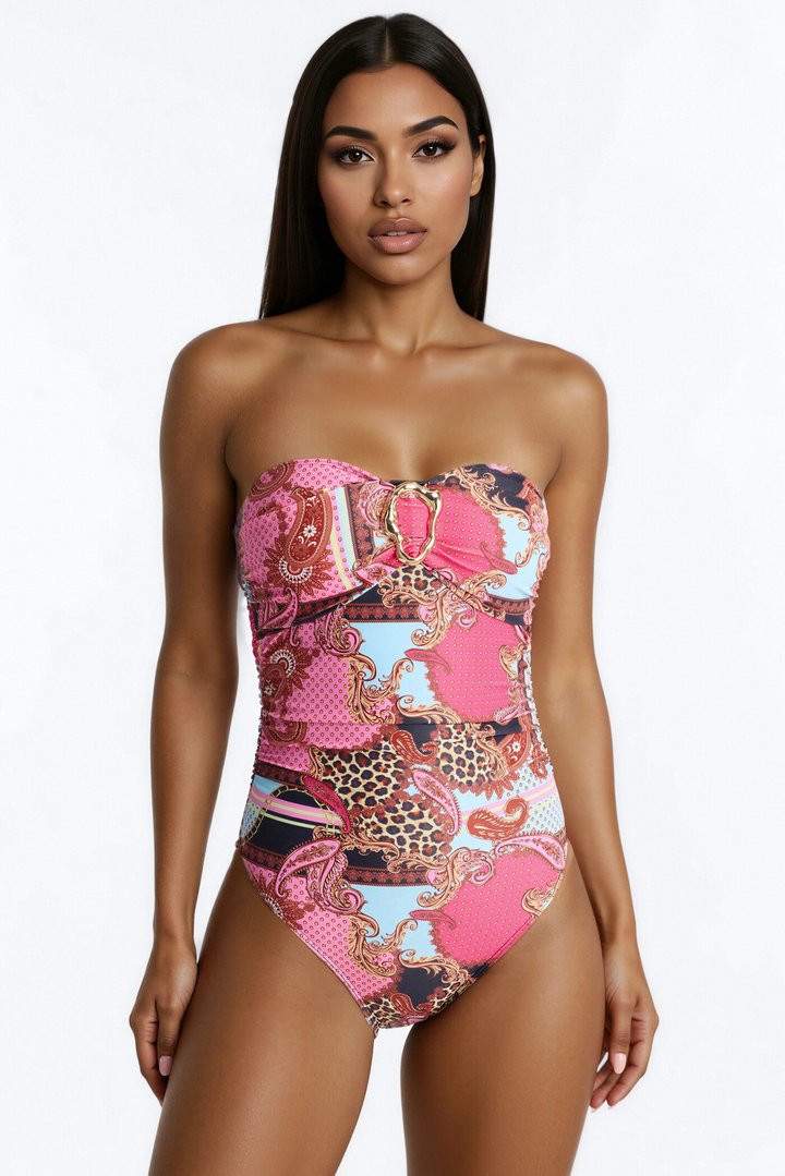 Krista Abstract 1 Piece Strapless Swimsuit & Cover Up Maxi Skirt Set - Pink/combo