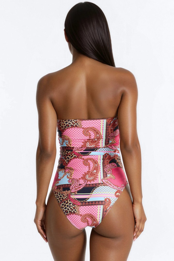 Krista Abstract 1 Piece Strapless Swimsuit & Cover Up Maxi Skirt Set - Pink/combo