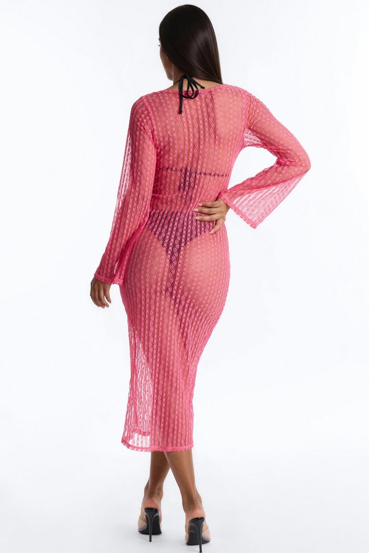 Summer Fling Stripe Lace Scoop Cover Up Maxi Dress - Hot Pink