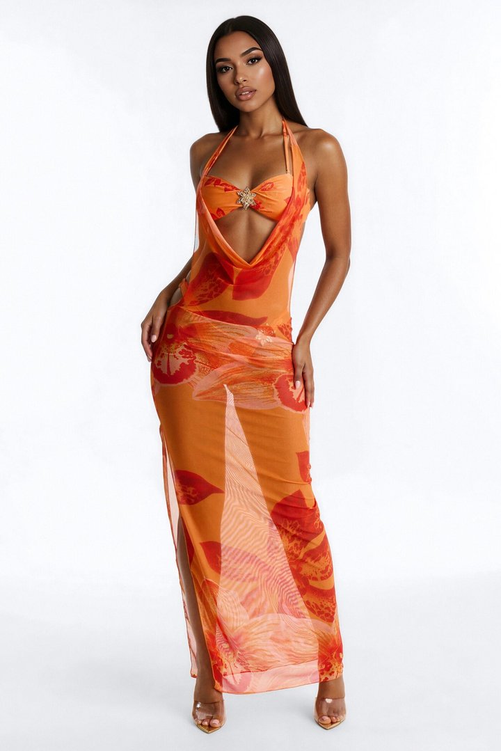 Willa Floral 3 Piece Bikini & Cover Up Cowl Neck Dress Sunsuit - Orange/combo