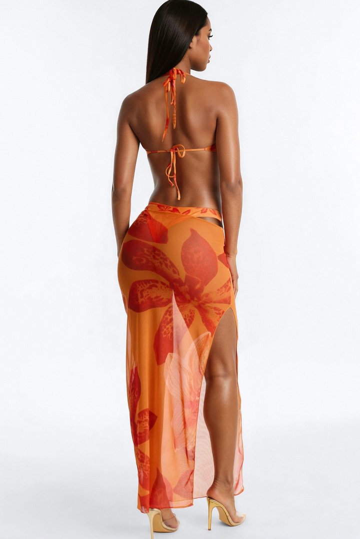 Willa Floral 3 Piece Bikini & Cover Up Cowl Neck Dress Sunsuit - Orange/combo