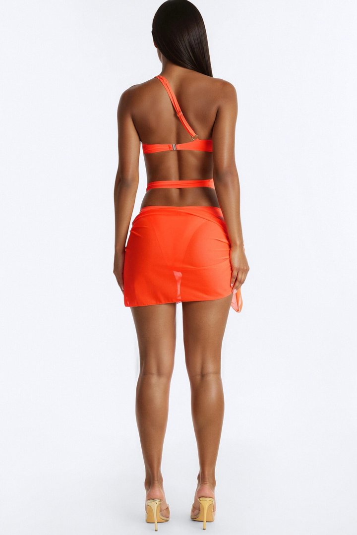 Sunset Fever 1 Piece Strappy One Shoulder Swimsuit & Cover Up Sarong Sunsuit - Neon Orange