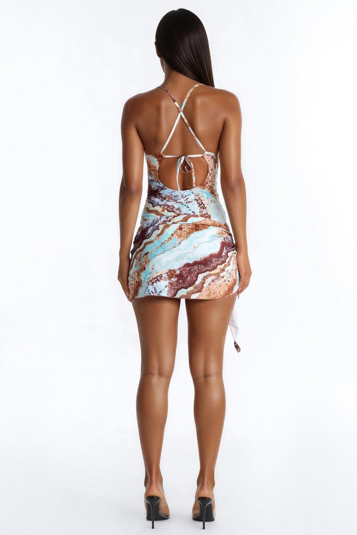Tropical Heat 1 Piece Marble Cut Out Swimsuit & Micro Mini Sarong Set - Multi Color