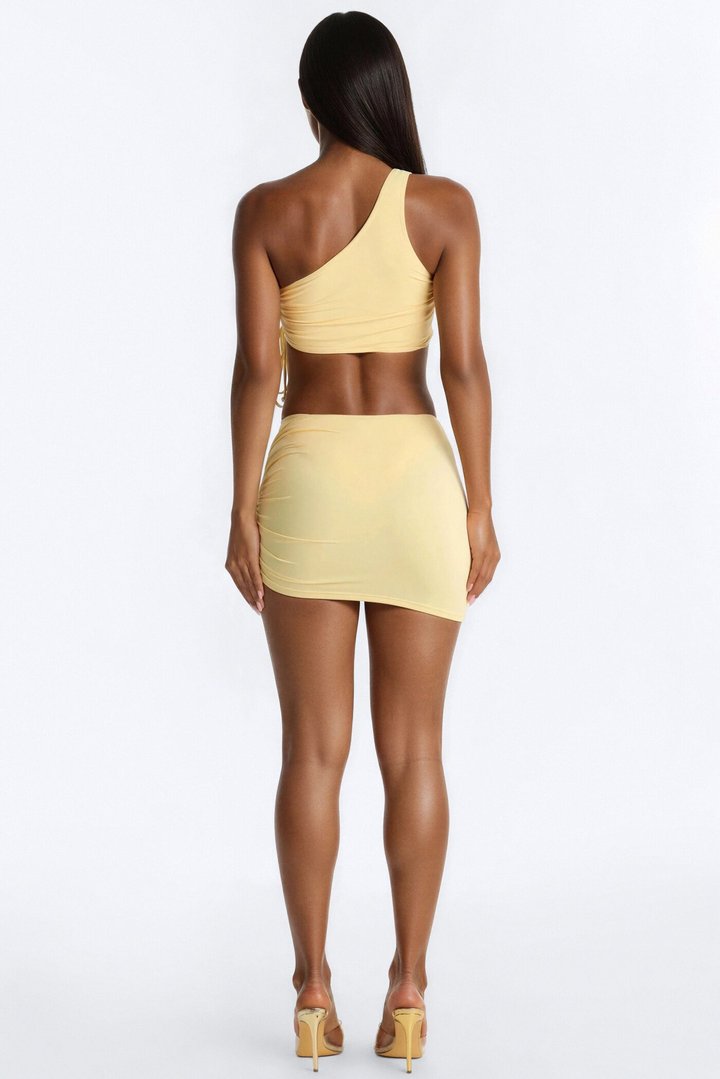 Sun Haze 3 Piece One Shoulder Cover Up Skirt Set - Butter Yellow