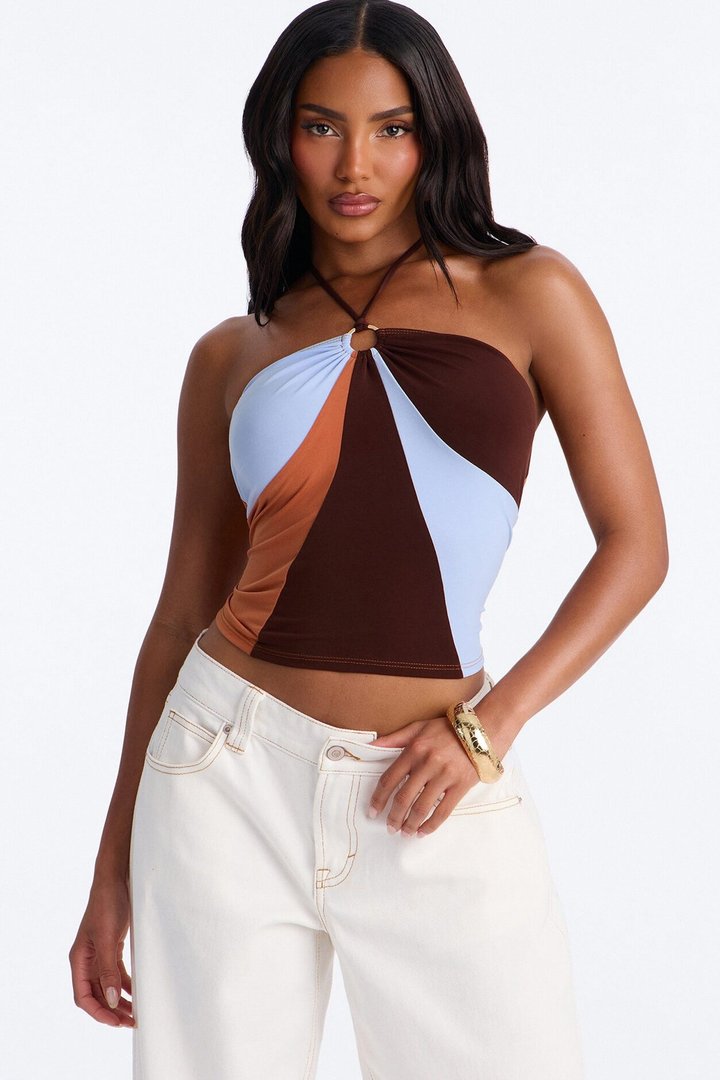 Weekend Fun Hardware Halter Top - Brown/combo
