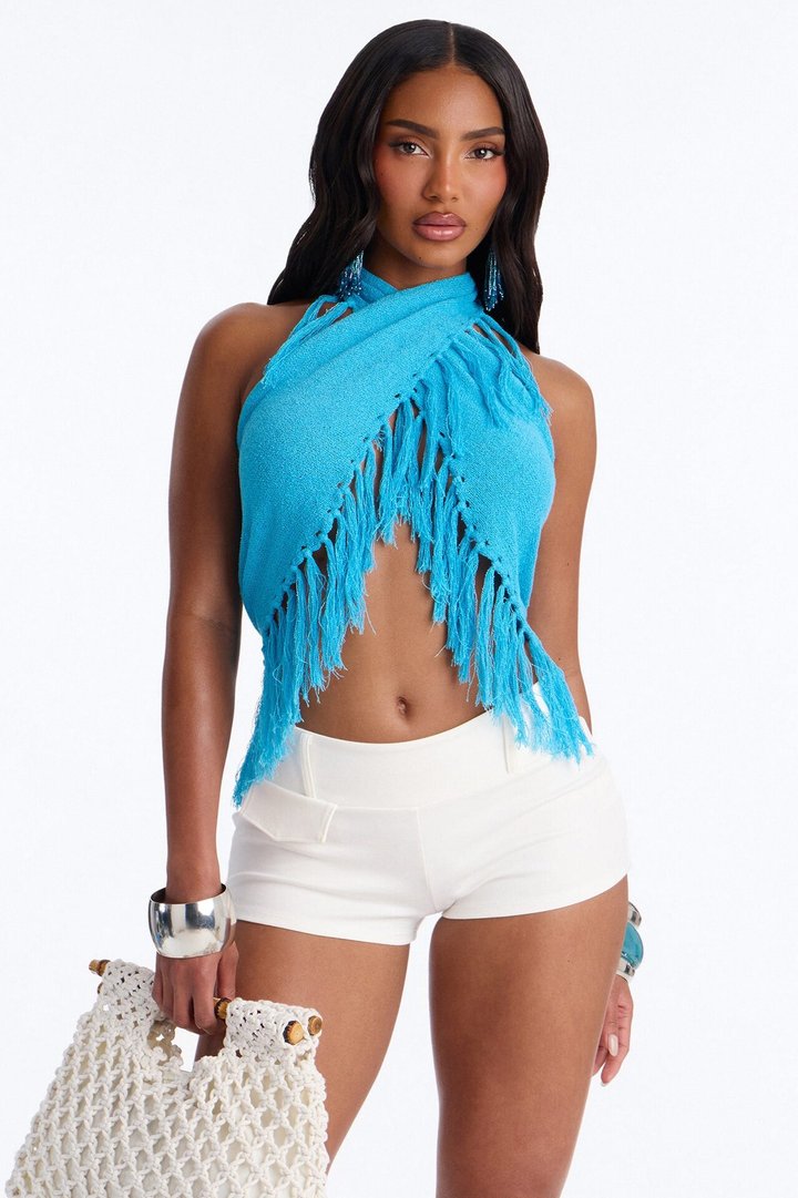 Living On Sunshine Fringe Sweater Halter Top - Blue