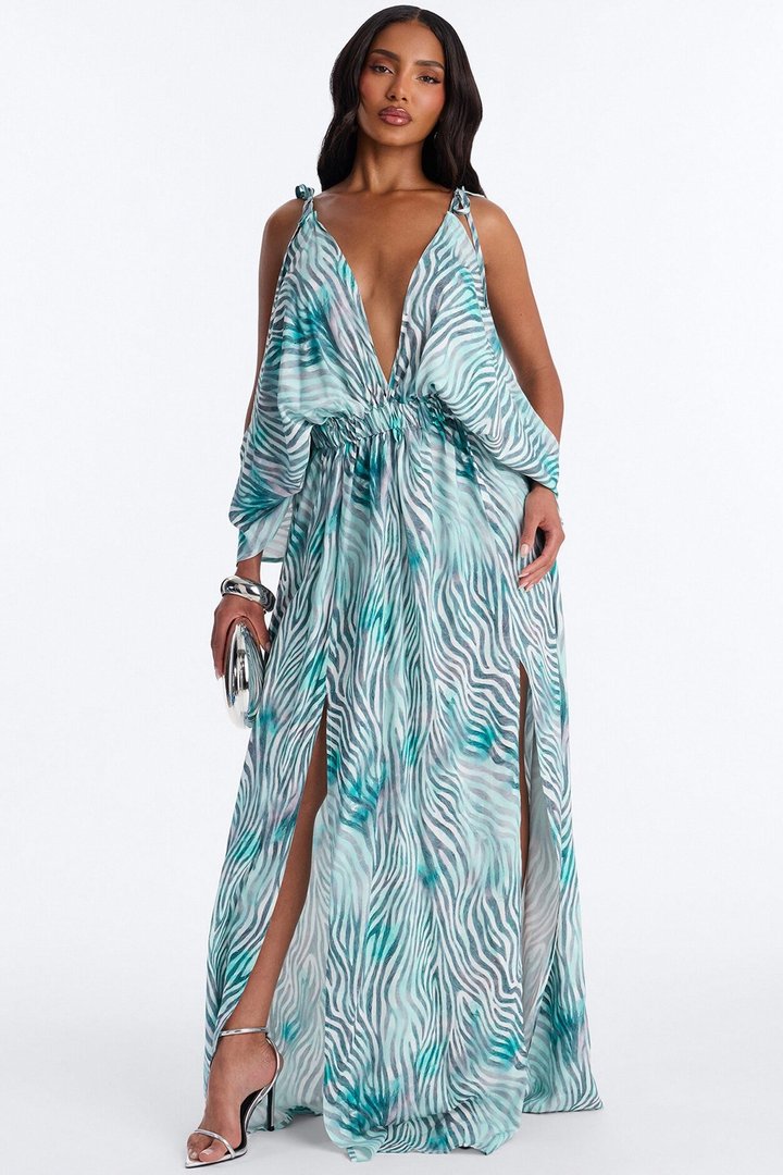 Laurel Animal High Slits Maxi Dress - Blue/combo