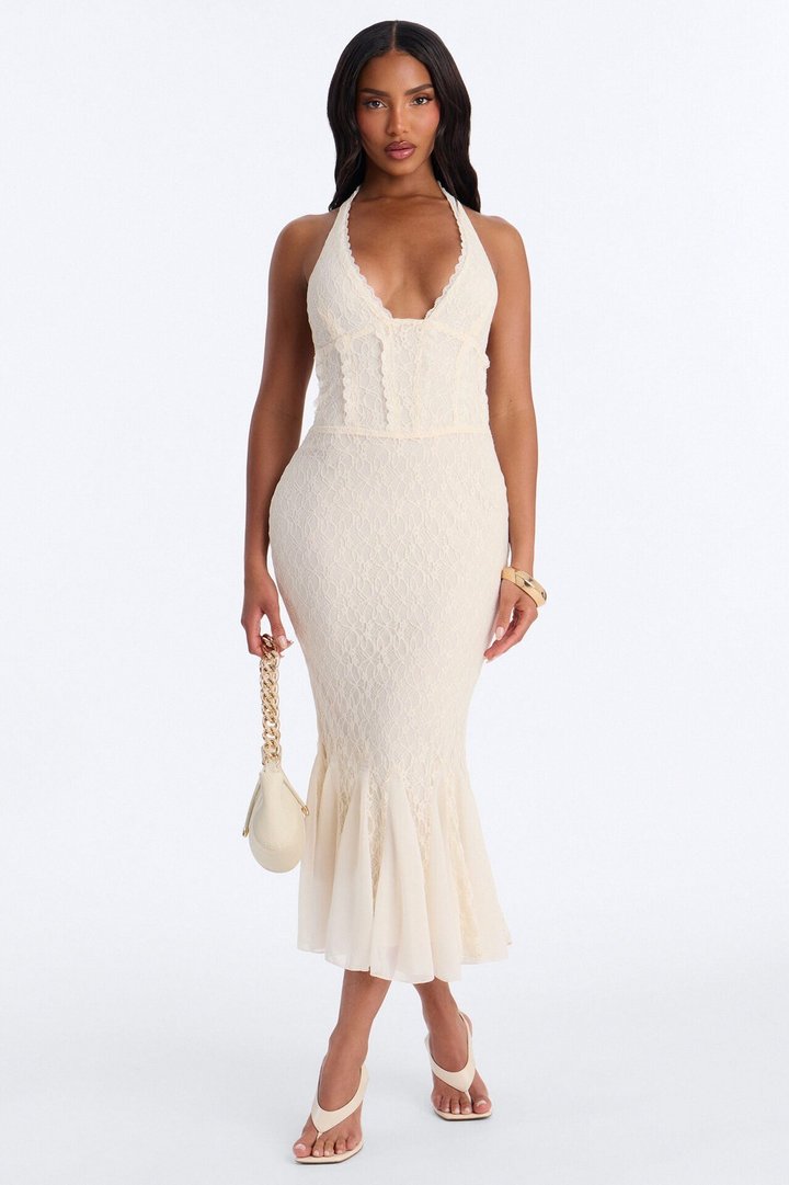 Sahana Pleated Lace Midi Dress - Cream