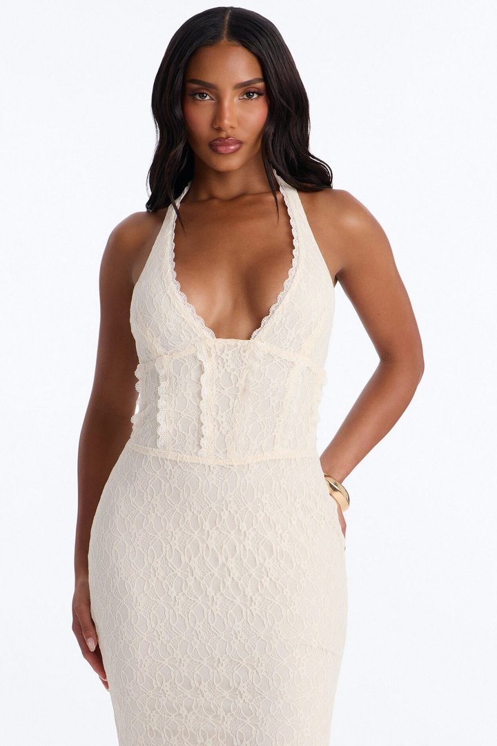 Sahana Pleated Lace Midi Dress - Cream
