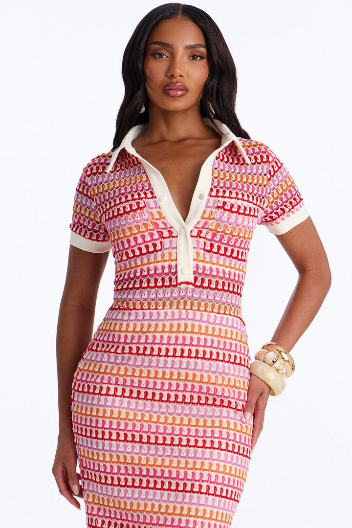 By The Palms Crochet Midi Dress - Red/combo
