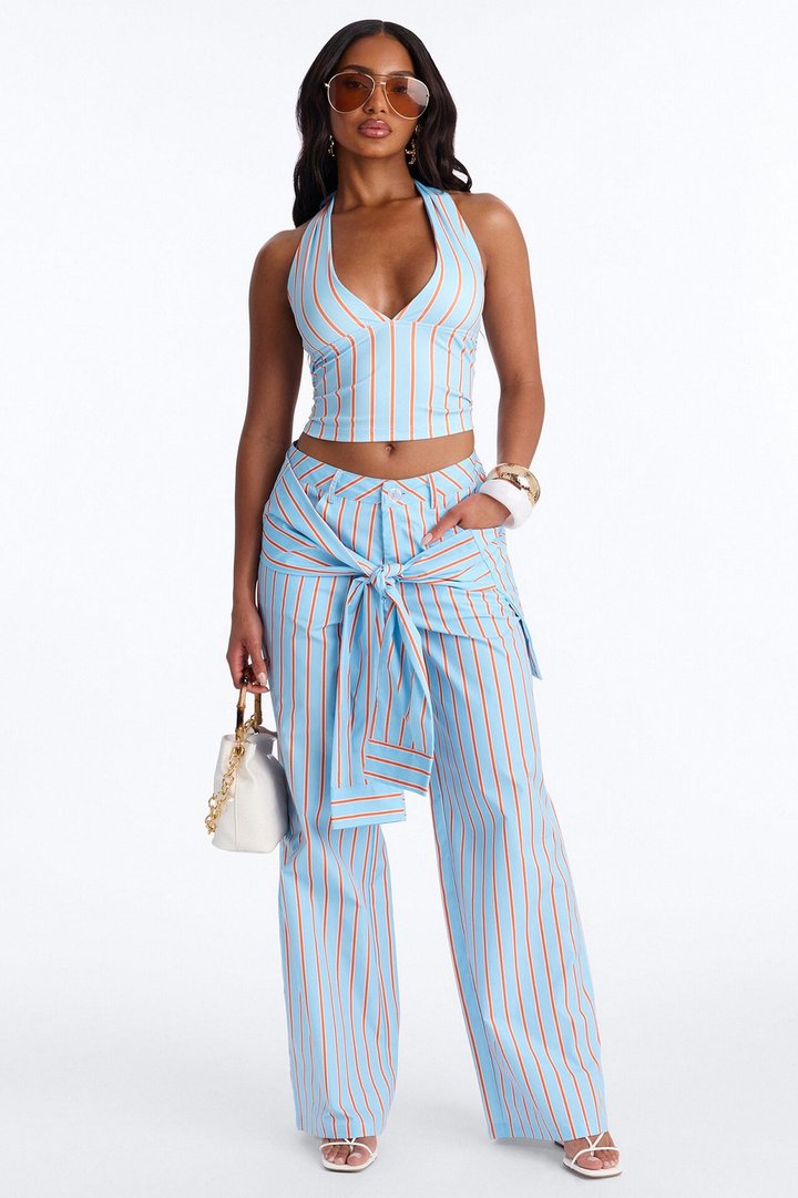 Darla Halter Stripe Tie Waist Pant Set - Blue/combo
