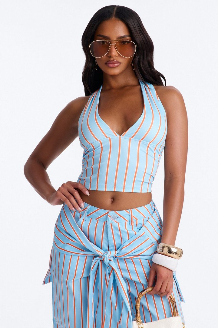 Darla Halter Stripe Tie Waist Pant Set - Blue/combo