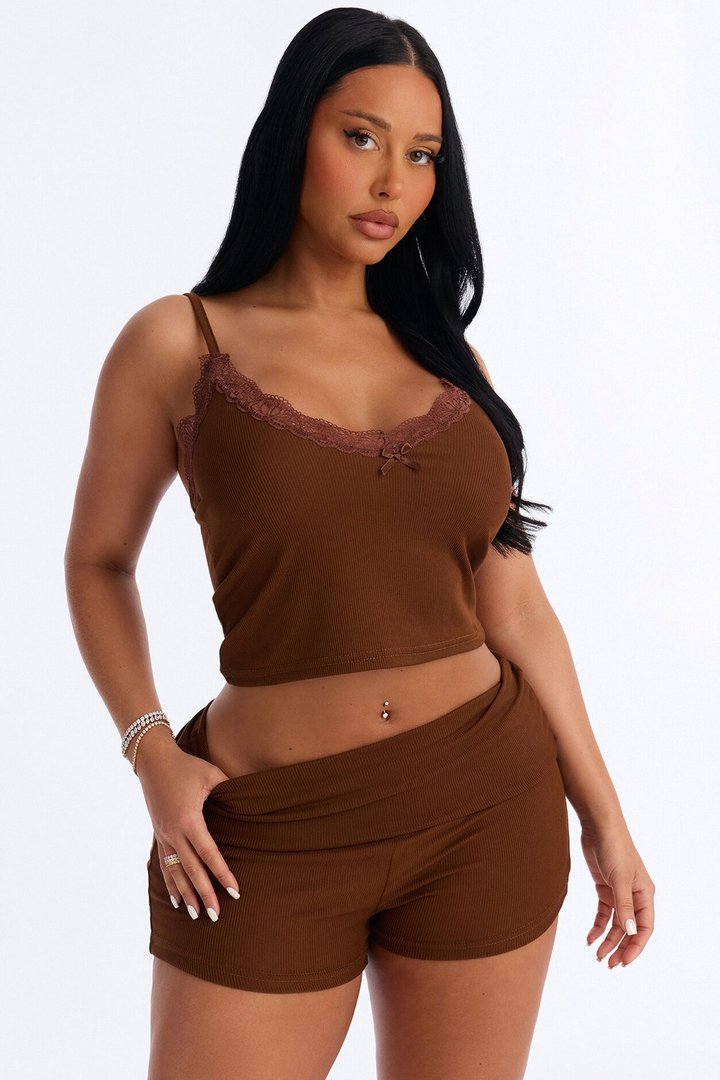 Romance Vibes Foldover PJ Short Set - Chocolate