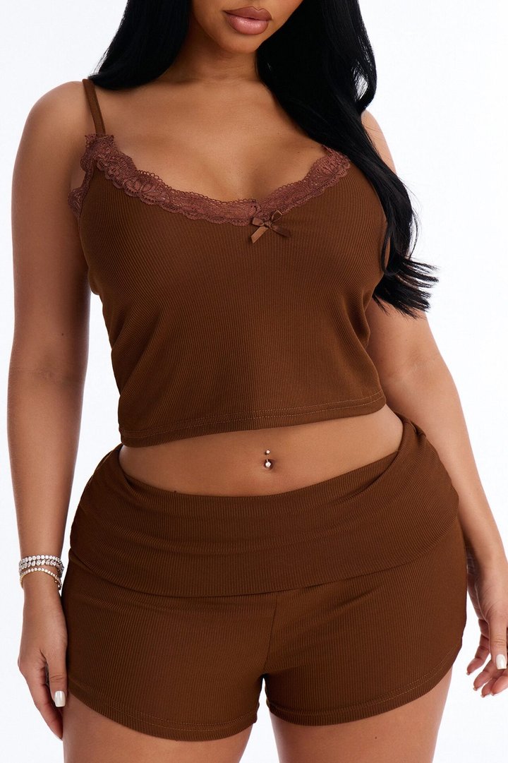 Romance Vibes Foldover PJ Short Set - Chocolate