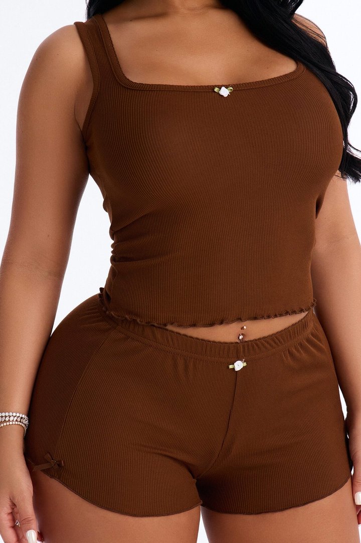 Smooth To Touch Ribbed PJ Short Set - Chocolate
