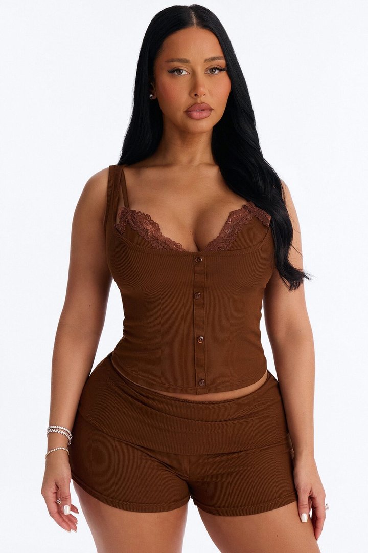 Be With Me Ribbed PJ Short Set - Chocolate