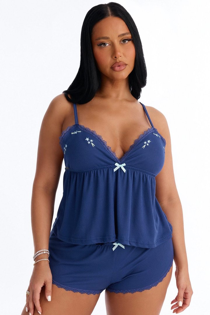 Wish Upon One Ribbed PJ Short Set - Navy